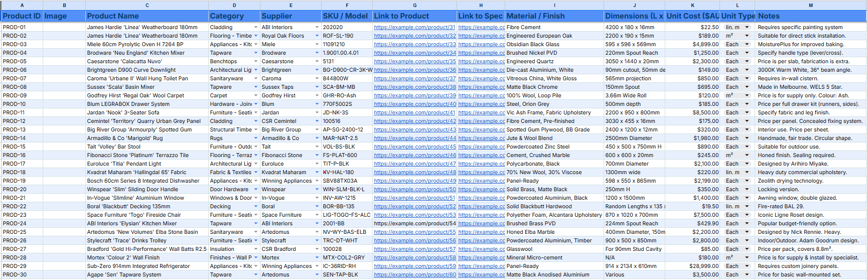 A screenshot of the SpecEngine V1.0 Google Sheet, showing a clean and organized product library for architects.